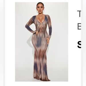 Fashion Nova Brown and Blue Long Sleeve Dress